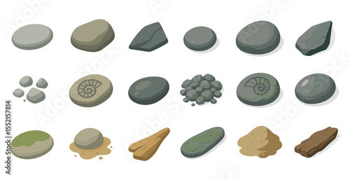 Geology and nature flat icons set – fossil, mineral, earth science graphical symbols