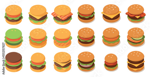 Burger and fast food icons set - isometric, 3d, meal and snack symbols