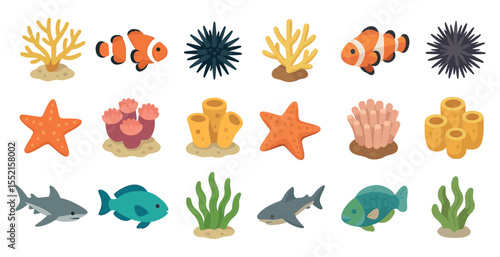 Marine life icons set in flat style – ocean, sea, aquatic symbols