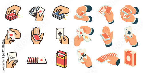 Card game line icons set – outline, playing, hand holding deck symbols