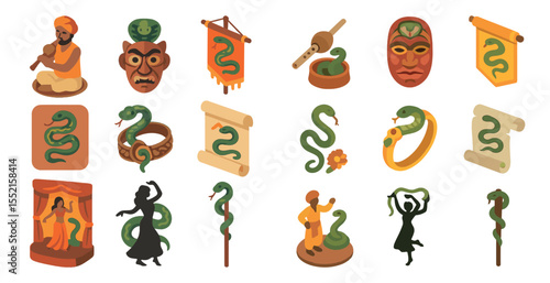 Indian culture isometric icons set – traditional, cultural, heritage and ceremonial symbols