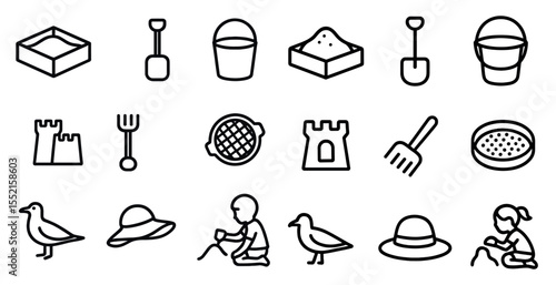 Sandbox and beach toys outline icons set – playful, linear, seaside fun symbols