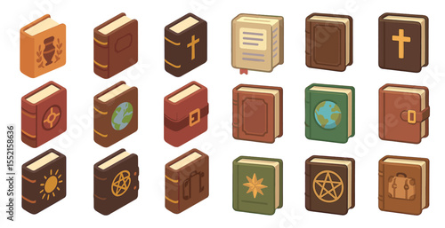 Religious books isometric icons set - faith, spiritual reading, holy scriptures