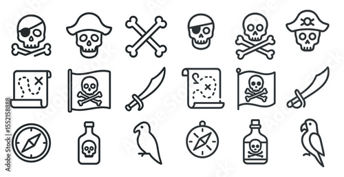 Pirate adventures line icons set – outline, nautical, treasure hunting symbols