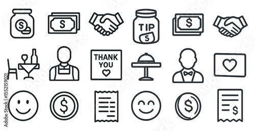 Restaurant and hospitality outline icons set – dining, service, customer appreciation symbols