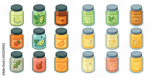Fruit and beverage isometric icons set – drinks, jars, cocktail symbols