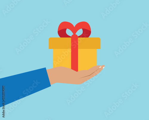 Hand giving gift box with ribbon. Gift reward program, bonus or surprise present for customer, employee reward, birthday gift box