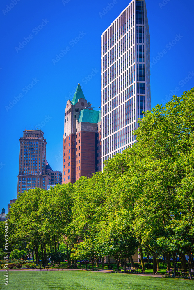 Obraz premium Brooklyn skyline with landmark buildings viewed from Cadman Plaza Park in New York, USA