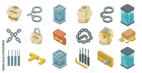 Prison and escape isometric icons set – jail, break, security symbols