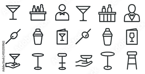 Bar and cocktail icons set – outline, linear, drink and bartending symbols