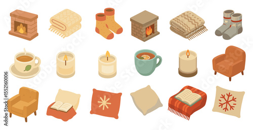 Cozy winter elements icons set – isometric, warm, homely decor symbols
