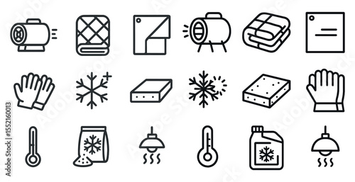 Winter and heating outline icons set – cozy, warm, cold weather symbols