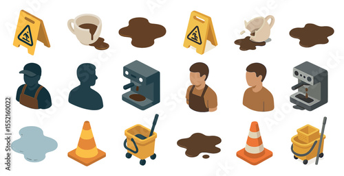 Spill cleanup isometric icons set – 3d, safety, hazard symbols for workplace safety