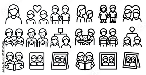Family and relationship outline icons set – linear, social, connection symbols