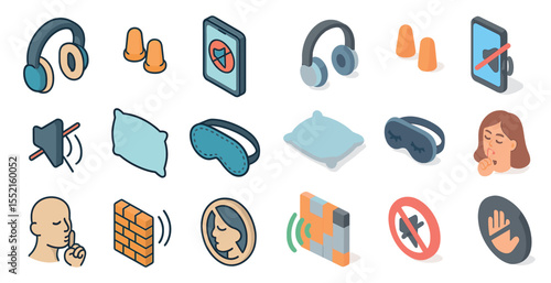 Noise control isometric icons set – hearing protection and soundproofing symbols
