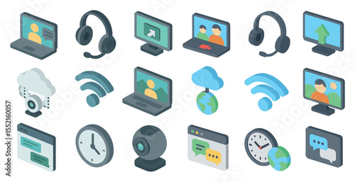 Remote work isometric icons set – digital, technology, home office symbols