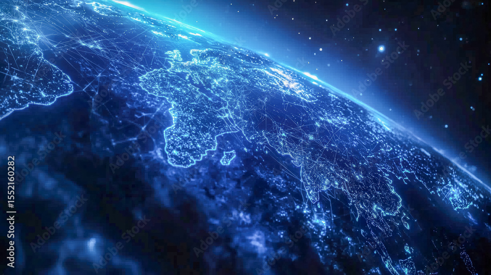 Obraz premium Digital network map of asia illuminated from space in a futuristic style