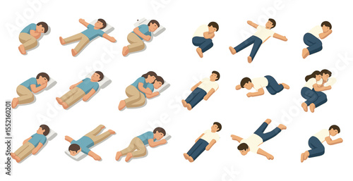 Sleeping position isometric icons set – flat, restful sleep, sleeping postures