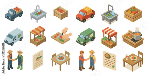 Local farmers market isometric icons set – food, organic, fresh produce collection