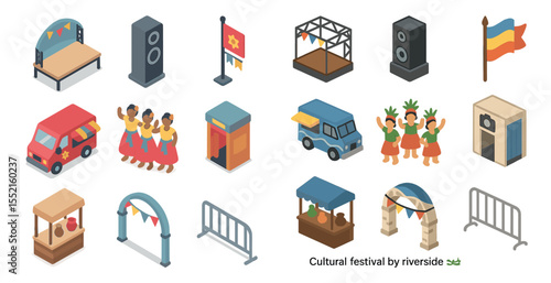 Cultural festival isometric icons set – flat, event celebration, festive symbols