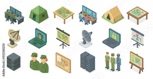 Military and security isometric icons set – defense, surveillance, and data technology