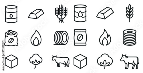 Agriculture and farming outline icons set – linear, silhouette, crop and farming symbols