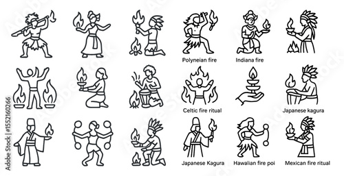 Fire ritual outline icons set – silhouette, cultural, ceremonial symbols