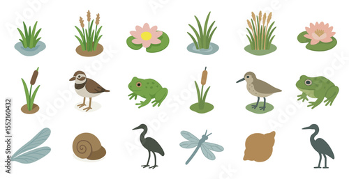 Nature and wildlife flat icons set – filled, silhouette, flora and fauna symbols