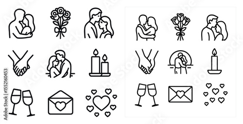 Romance and love outline icons set – linear, silhouette, affection symbols