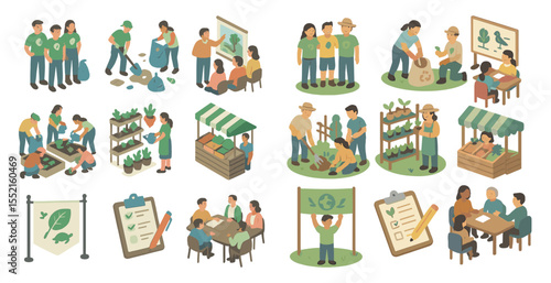 Community engagement 3d icons set – isometric, volunteer, collaboration symbols