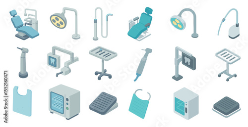 Dental equipment isometric icons set – 3d tools, healthcare, medical symbols