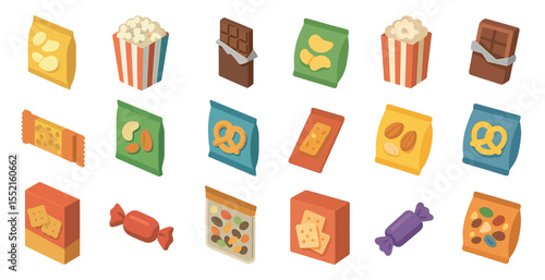 Snack and treats icons set in isometric style – food, sweets, candy illustrations
