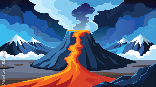 Vector art of a dramatic volcano erupts with fiery lava against a dark night sky