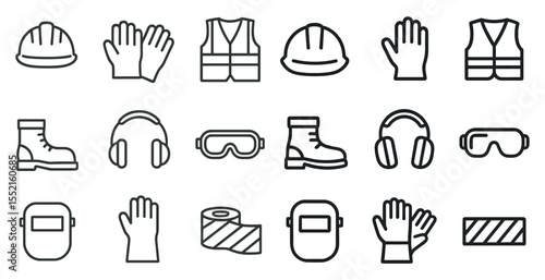 Construction safety linear icons set – outline, protective, industry symbols