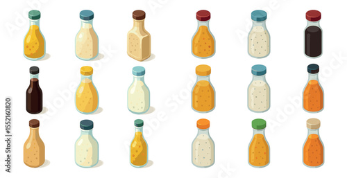 Condiment bottles icons set – isometric, 3d, sauce and seasoning designs