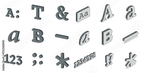 Typography and symbols 3d icons set – font, text, alphabet and punctuation graphics