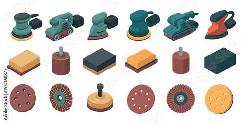 Carpentry and woodwork isometric icons set – 3d, tools, sanding equipment visuals