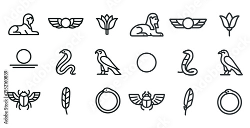 Ancient egypt outline icons set – pharaoh, hieroglyph, and pyramid symbols