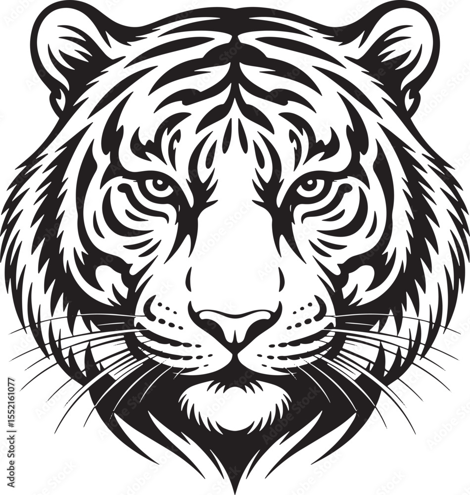 Detailed Tiger Face Illustration – Modern Monochrome Wildlife Vector Detailed Tiger Face Illustration – Modern Monochrome Wildlife Vector
