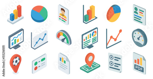 Business analytics isometric icons set – data, metrics, finance symbols