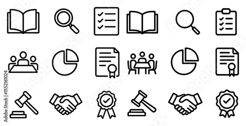 Legal and business outline icons set – solid, filled, corporate and law symbols