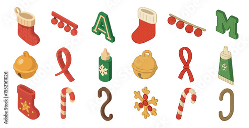 Christmas and holiday icons set – isometric, festive, winter celebration graphics