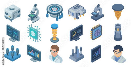 Science and technology icons set in isometric style – research, lab, innovation