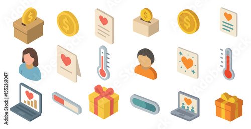 Donation and charity isometric icons set – giving, support, philanthropy symbols