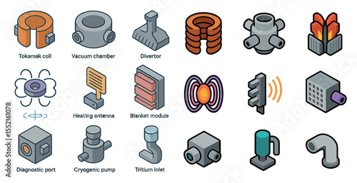 Nuclear technology isometric icons set – reactor, fusion, energy symbols
