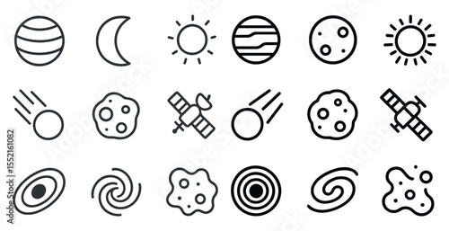 Space and astronomy icons set – outline, linear, cosmic and celestial symbols