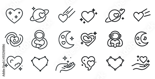 Space and heart line icons set – outline, linear, love and celestial symbols