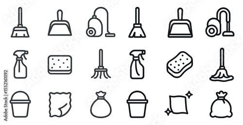 Cleaning and hygiene outline icons set – linear, line, sanitation tools symbols