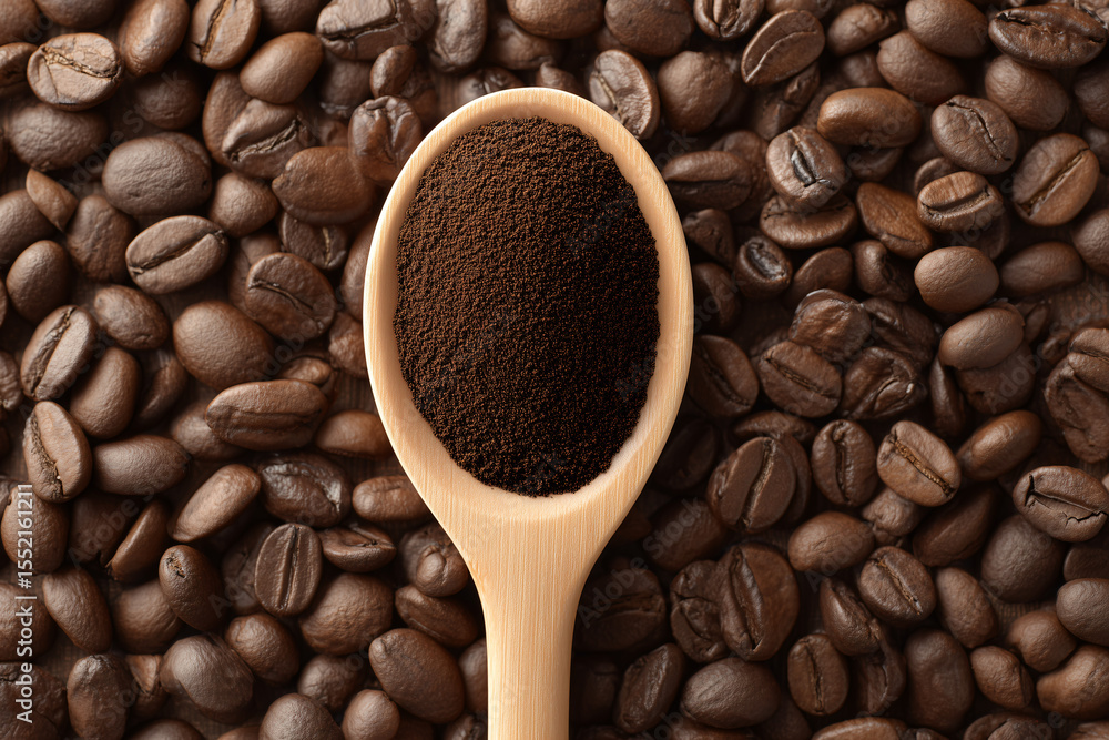 Obraz premium A wooden spoon filled with dark roasted coffee grounds rests on a bed of roasted coffee beans. The image is rich in color and texture.