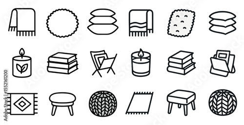 Home decor outline icons set – furnishings, interior, design essentials